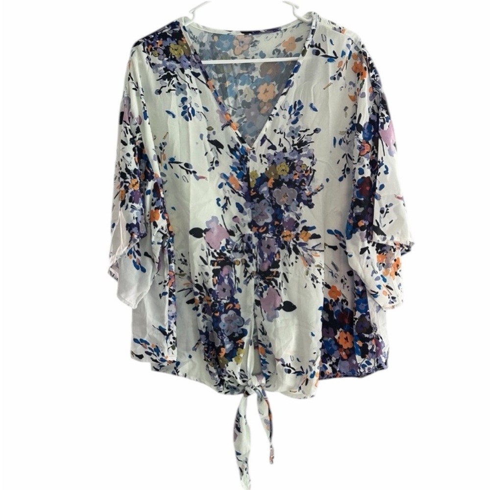Woman’s Floral Tie-Front V-Neck Blouse - White/Multi - Size XL - PTP 24”
